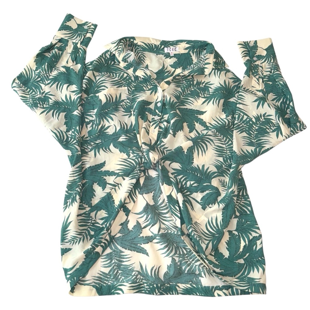 TCEC Green & Cream Leaf Print Hi-Lo Long Sleeve Summer Tropical Shirt Size Large
